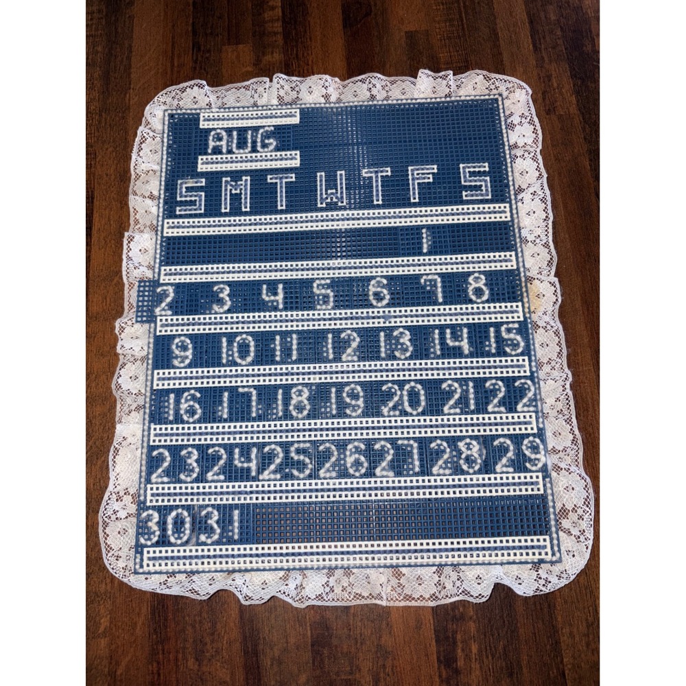 Vtg‎ Blue Plastic Canvas Needlepoint Perpetual Calendar Lace Handmade Gramcore